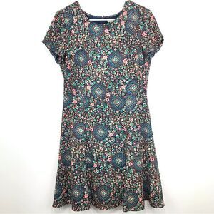 J. Crew Factory Blue Pink Teal Floral Medallion Short Sleeve ALine Flutter Dress